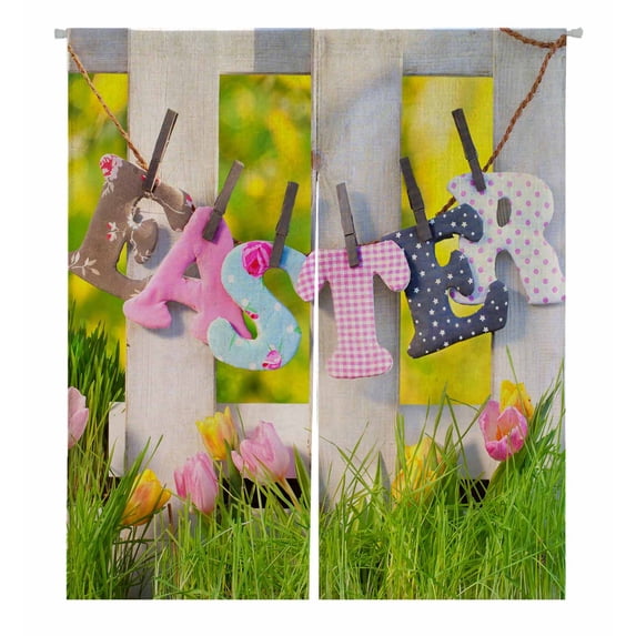 PKQWTM fence and beautiful Tulips with letters EASTER Door Curtain Window Cover Home Decor Hanging Curtain Size 105x120 CM