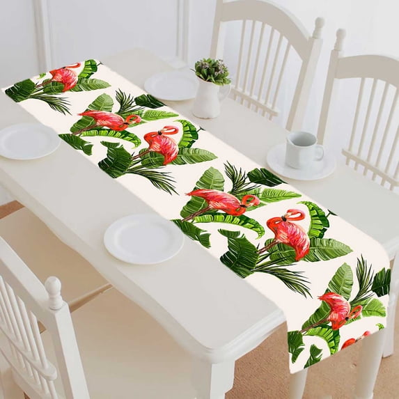 PKQWTM floral summer tropical palm leaves flamingo banana leaves Cotton and Linen Table Runner Kitchen Dining Room Supplies Size 14x72 Inch
