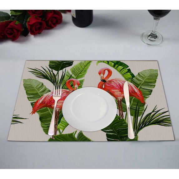 PKQWTM floral summer tropical palm leaves flamingo banana leaves Kitchen Dining Table Mats Placemats Size 12x18 Inches, Set of 2 Pieces