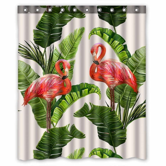 PKQWTM floral summer tropical palm leaves flamingo banana leaves WaterProof Polyester Fabric Shower Curtain Size 60x72 Inches