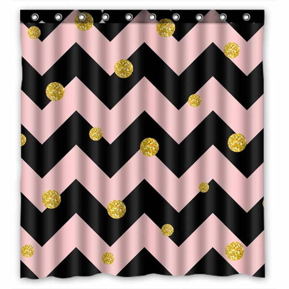 PKQWTM glittering gold polka dot black pink chevron WaterProof Polyester Fabric Shower Curtain Size 66x72 Inches