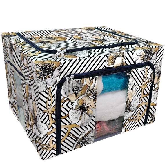 PKQWTM gold flowers cherry on a black geometric Storage Bag Clear Window Storage Bins Boxes Large Capacity Foldable Stackable Organizer With Steel Metal Frame For Bedding,Clothes,Closets, Bedrooms