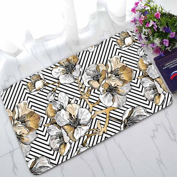 PKQWTM gold flowers cherry on a black geometric Home Decor Floor Mat Area Rug Doormat Size 18x30 Inches