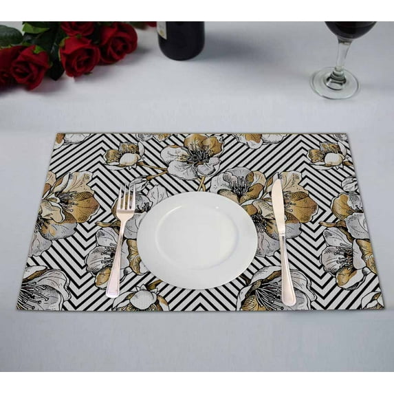 PKQWTM gold flowers cherry on a black geometric Kitchen Dining Table Mats Placemats Size 12x18 Inches, Set of 2 Pieces