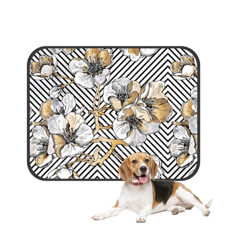 PKQWTM gold flowers cherry on a black geometric Pet Dog Cat Bed Pee Pads Mat Cushion Potty Dogs Blankets Crate Bed Kennel 25x30 inch