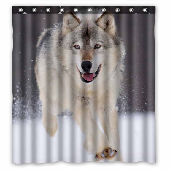 PKQWTM grey wolf running in the snow WaterProof Polyester Fabric Shower Curtain Size 66x72 Inches