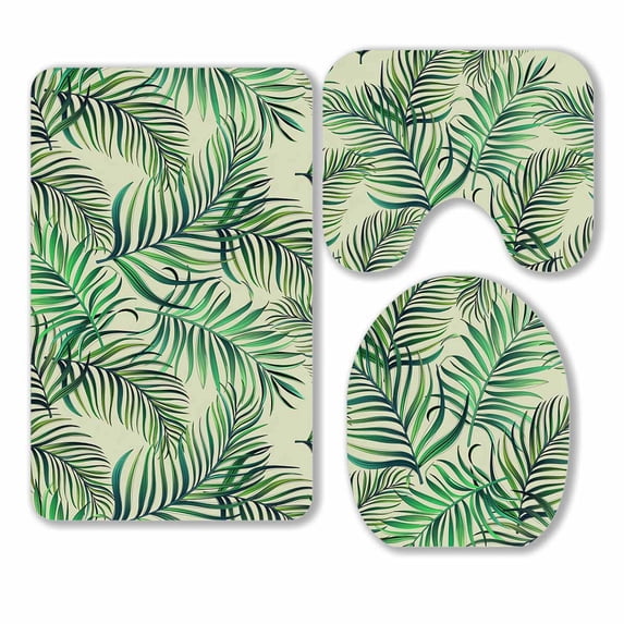 PKQWTM hawaiian plants palm leaves 3 Piece Bathroom Rugs Set Bath Rug Contour Mat and Toilet Lid Cover