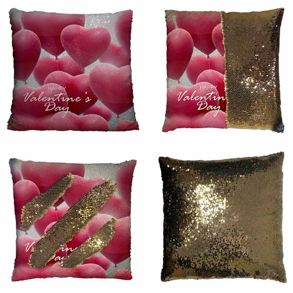 PKQWTM holiday flying bunch balloon hearts Happy Valentines Day Reversible Mermaid Cushion Cover Home Decor Sequin Pillow Case Size 20x20 inches