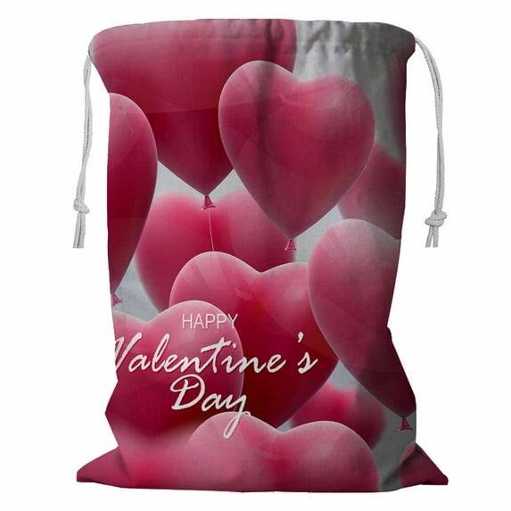 PKQWTM holiday flying bunch balloon hearts Happy Valentines Day Storage Basket Laundry Bag with Drawstring Size 24x32 Inch