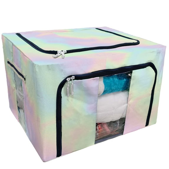 PKQWTM holo Pearlescent element pastel hues Storage Bag Clear Window Storage Bins Boxes Large Capacity Foldable Stackable Organizer With Steel Metal Frame For Bedding,Clothes,Closets, Bedrooms