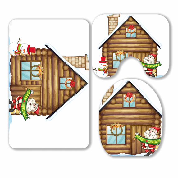 PKQWTM house and santa claus 3 Piece Bathroom Rugs Set Bath Rug Contour Mat and Toilet Lid Cover