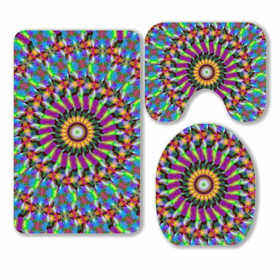 PKQWTM kaleidoscope Colorful mosaic ornament 3 Piece Bathroom Rugs Set Bath Rug Contour Mat and Toilet Lid Cover