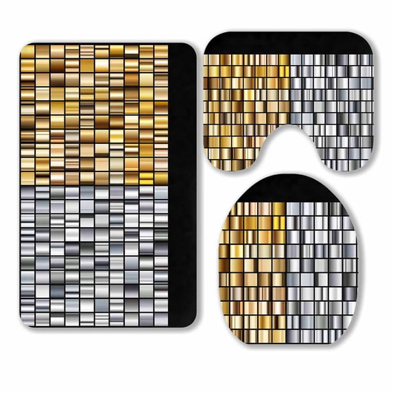 PKQWTM mega set of gradients gold and silver glossy squares 3 Piece Bathroom Rugs Set Bath Rug Contour Mat and Toilet Lid Cover