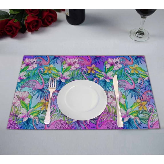 PKQWTM rainbow flamingo Glowing graphic allover Kitchen Dining Table Mats Placemats Size 12x18 Inches, Set of 2 Pieces