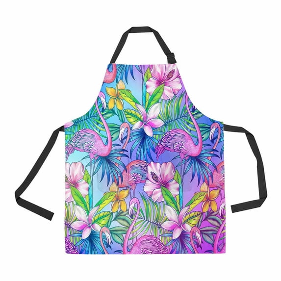 PKQWTM rainbow flamingo Glowing graphic allover Unisex Adjustable Bib Apron with Pockets for Commercial Restaurant and Home Kitchen Use