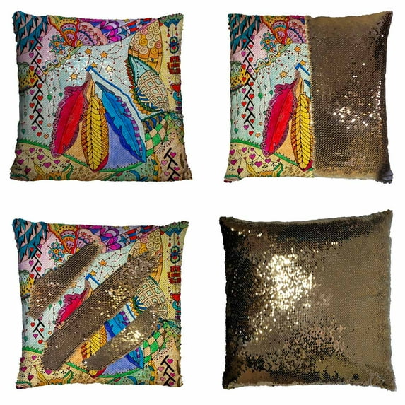 PKQWTM three feathers pencil and marker Reversible Mermaid Cushion Cover Home Decor Sequin Pillow Case Size 20x20 inches