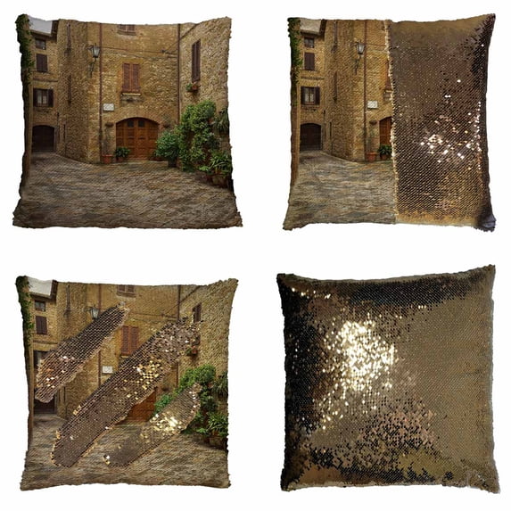 PKQWTM traditional pictorial streets old italian villages Reversible Mermaid Cushion Cover Home Decor Sequin Pillow Case Size 16x16 inches