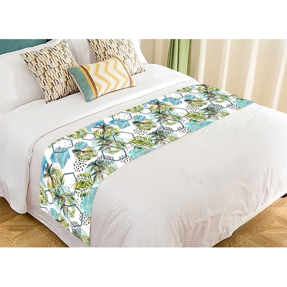 PKQWTM tropical leaves and palm trees in geometric shapes Bed Runner Bedroom Bedding Decor Bedding Scarf Size 20x95 inches