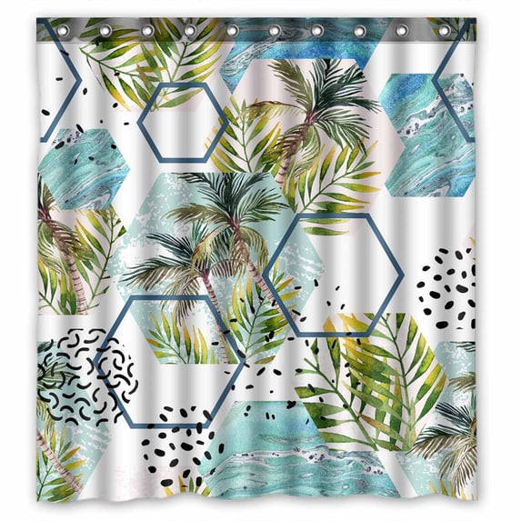 PKQWTM tropical leaves and palm trees in geometric shapes WaterProof Polyester Fabric Shower Curtain Size 66x72 Inches