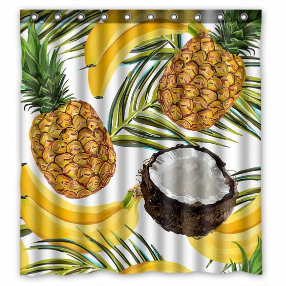 PKQWTM tropical palm leaves bananas coconuts pineapples WaterProof Polyester Fabric Shower Curtain Size 66x72 Inches