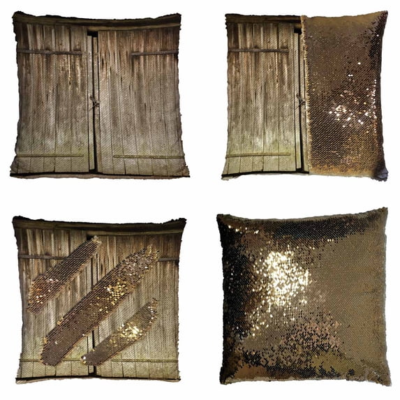 PKQWTM vintage brown wooden door locked Reversible Mermaid Cushion Cover Home Decor Sequin Pillow Case Size 16x16 inches