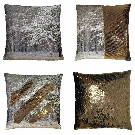 PKQWTM winter forest Reversible Mermaid Cushion Cover Home Decor Sequin Pillow Case Size 18x18 inches