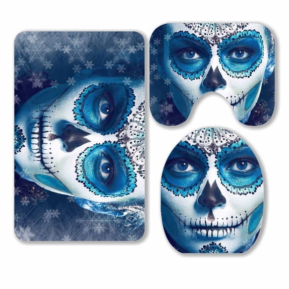 PKQWTM winter sugar skull beautiful ice Santa Muerte 3 Piece Bathroom Rugs Set Bath Rug Contour Mat and Toilet Lid Cover