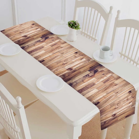 PKQWTM wood brown plank texture Cotton and Linen Table Runner Kitchen Dining Room Supplies Size 16x72 Inch