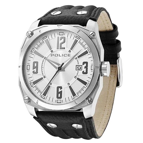 PL-13405JS-04 Men's Dart Silver Dial Black Leather Strap Stainless Steel Watch