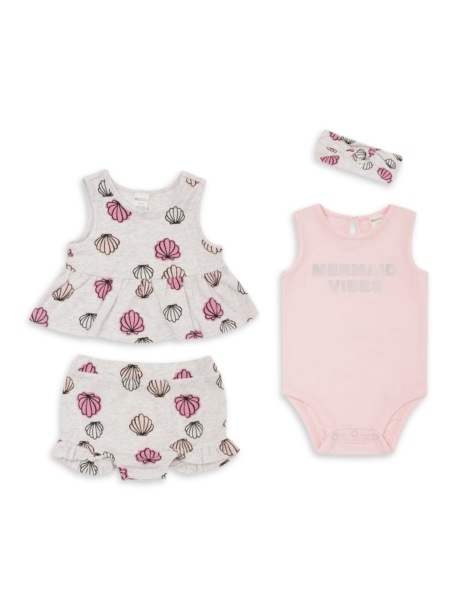 PL Baby by Petit Lem Baby Girl Peplum Top, Shorts, Bodysuit & Headband,  4-pc Outfit Set 