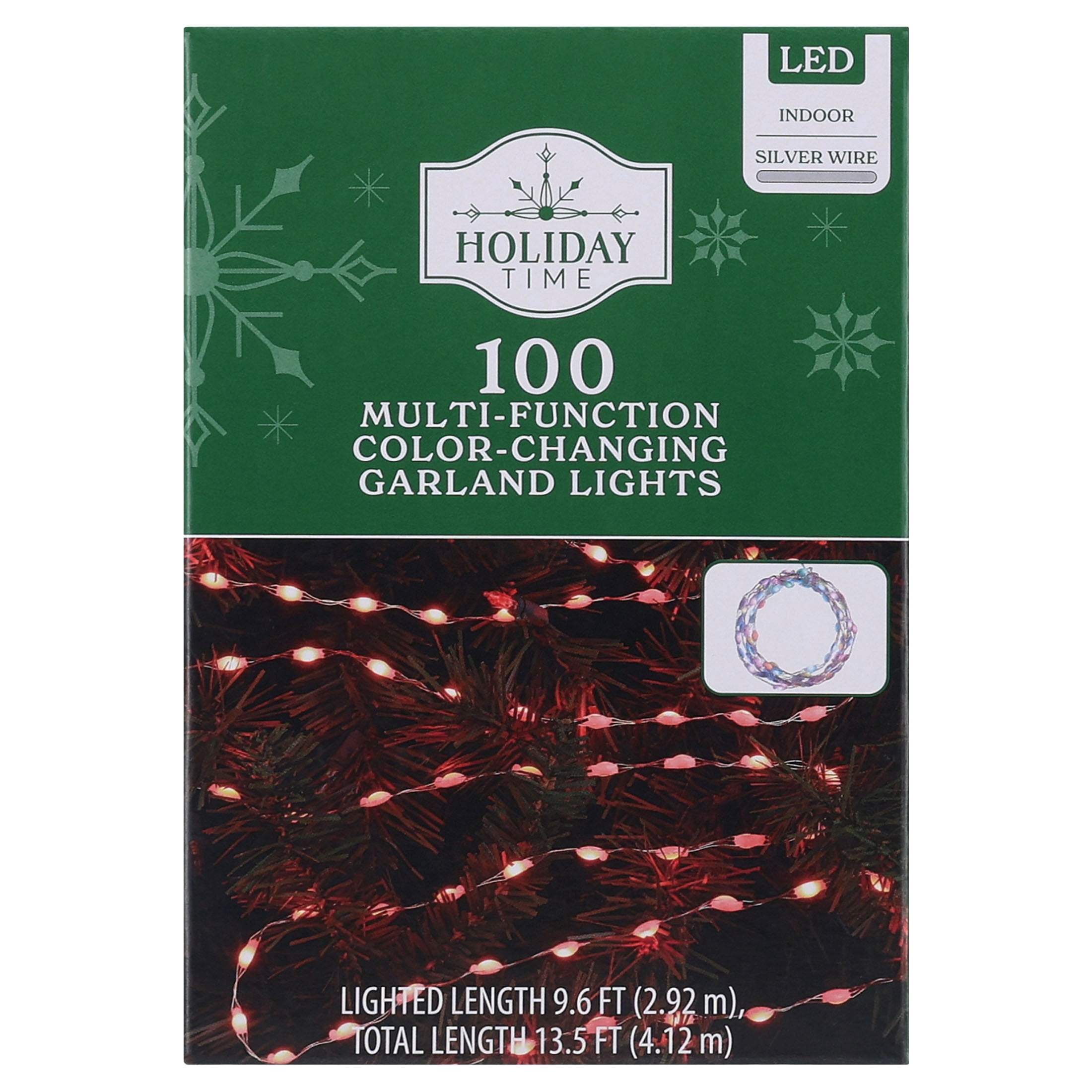 Indoor 100-Count LED Multi-Function Color-Changing Christmas Garland Lights, Multicolor, Silver Wire, 9.6', by Holiday Time