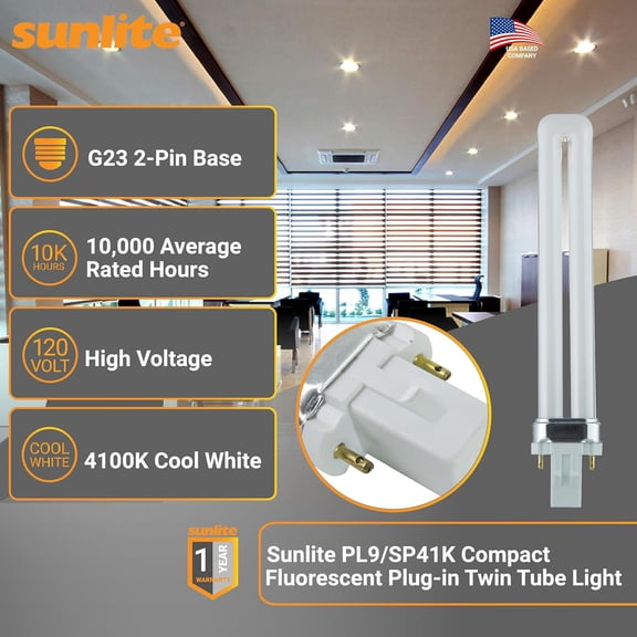 PL9/SP41K/10PK 2-Pin Fluorescent 9W 4100K Cool White U Shaped PL CFL Twin Tube Plugin Light Bulbs with G23 Base (10 Pack)