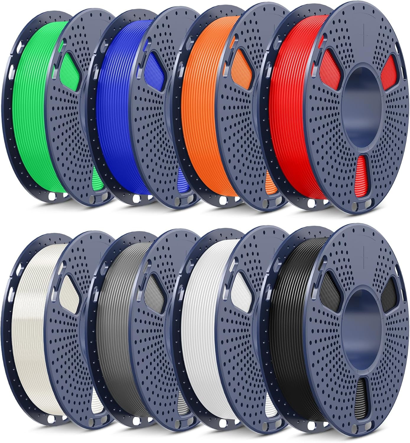 PLA Filament 1.75mm Bundle, 3D Printer Filament Bundle 250g, 8 Rolls, 2kg Total, Black+White+Grey+Transparent+Red+Klein Blue+Sunny Orange+Green