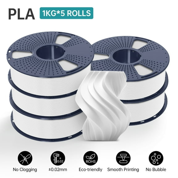 PLA Filament 1.75mm Bundle, SUNLU 3D Printer Filament Bundle, PLA Filament 1kg per Spool , Neatly Wound PLA 5kg White