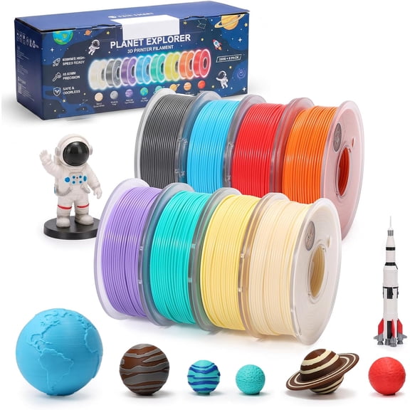 PLA Filament 1.75mm, Planet Explorer 8-Color Mini Spool Bundle, 250g Each, High-Speed PLA, +/-0.02mm Accuracy, Easy-to-Print, Compatible with Most FDM 3D Printers