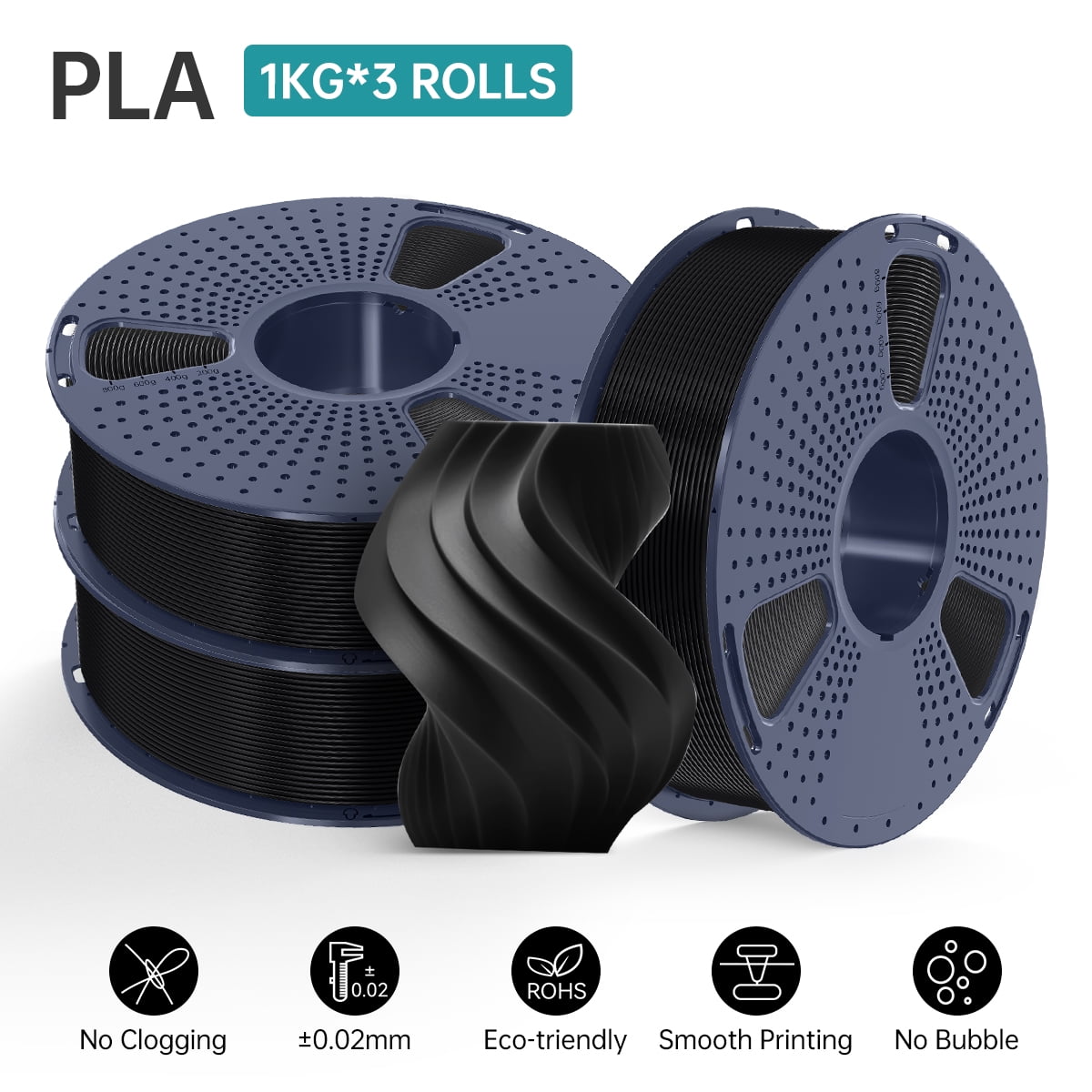 PLA Filament 1.75mm, SUNLU PLA 3D Printer Filament Bundle, Dimensional Accuracy +/- 0.02mm, 1kg Spool(2.2lbs), PLA Black 3KG