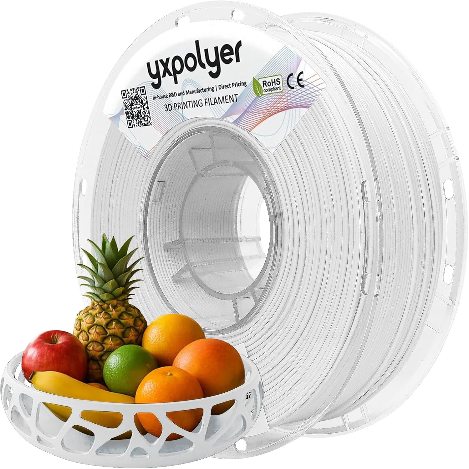 YXPOLYER PLA Filament Food Grade 1.75mm 1kg for 3D Printing, PLA+ White Printer with Transparent AMS-Compatible Spool