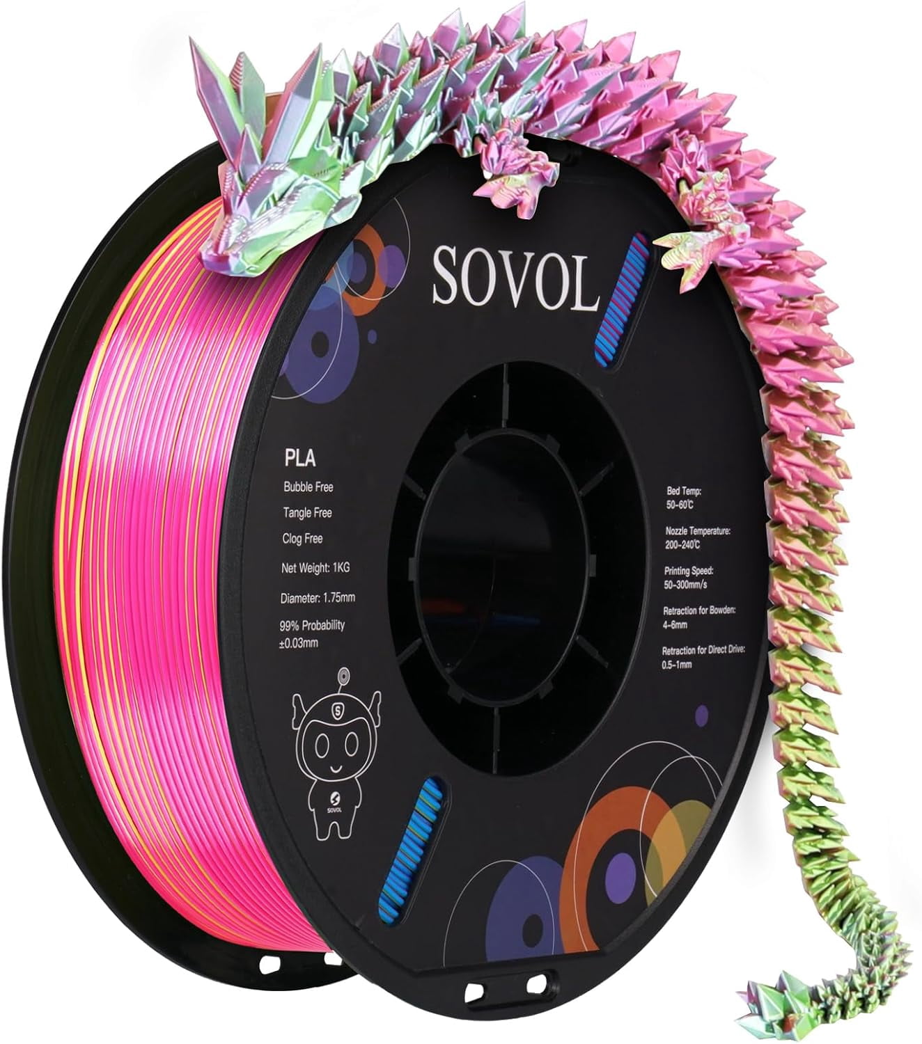PLA Filament Silk Tri Color Co-Extrusion 1.75mm, 3D Printer Filament 1kg/ 2.2lbs, Shiny Silk Rose Blue Yellow 3 in 1 Coextrusion PLA Material +/-0.03mm