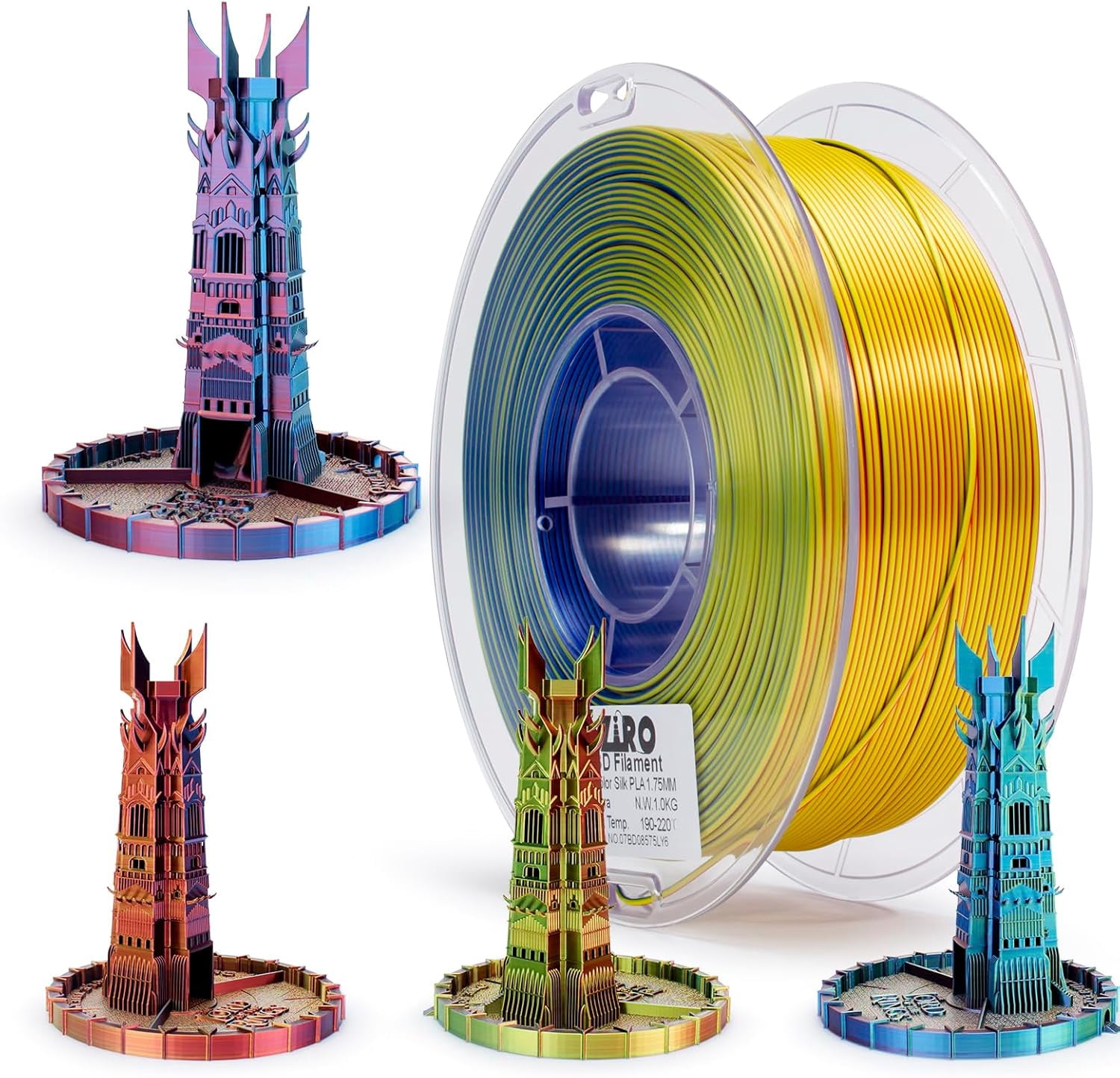 PLA Filament, Triple Color Coextrusion Silk 3D Printer Filament 1.75mm, for 3D Printer Pen, Shine Multicolor PLA Rainbow 1kg Spool, Aurora (Silky)
