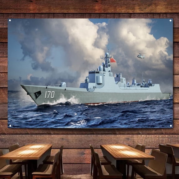 PLA Navy Type 052C Destroyer Battleship Wall Art Banners Hanging Flags Wall Chart Warship Military Art Poster Canvas Print Art Painting Room Office Home Decor Tapestry,38X57 inches