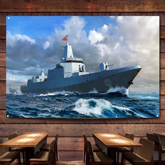 PLA Navy Type 055 Destroyer Battleship Wall Art Banners Hanging Flags Wall Chart Warship Military Art Poster Canvas Print Art Painting Room Office Home Decor Tapestry 0,38X57 inches