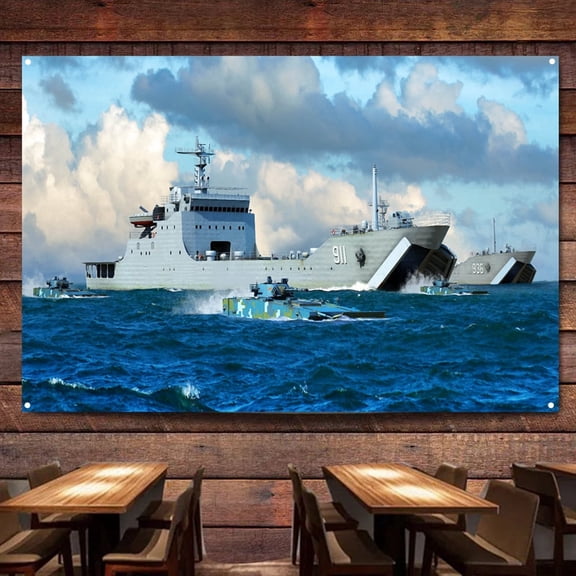 PLA Navy Type 072A LST Battleship Wall Art Banners Hanging Flags Wall Chart Warship Military Art Poster Canvas Print Art Painting Room Office Home Decor Tapestry,38X57 inches