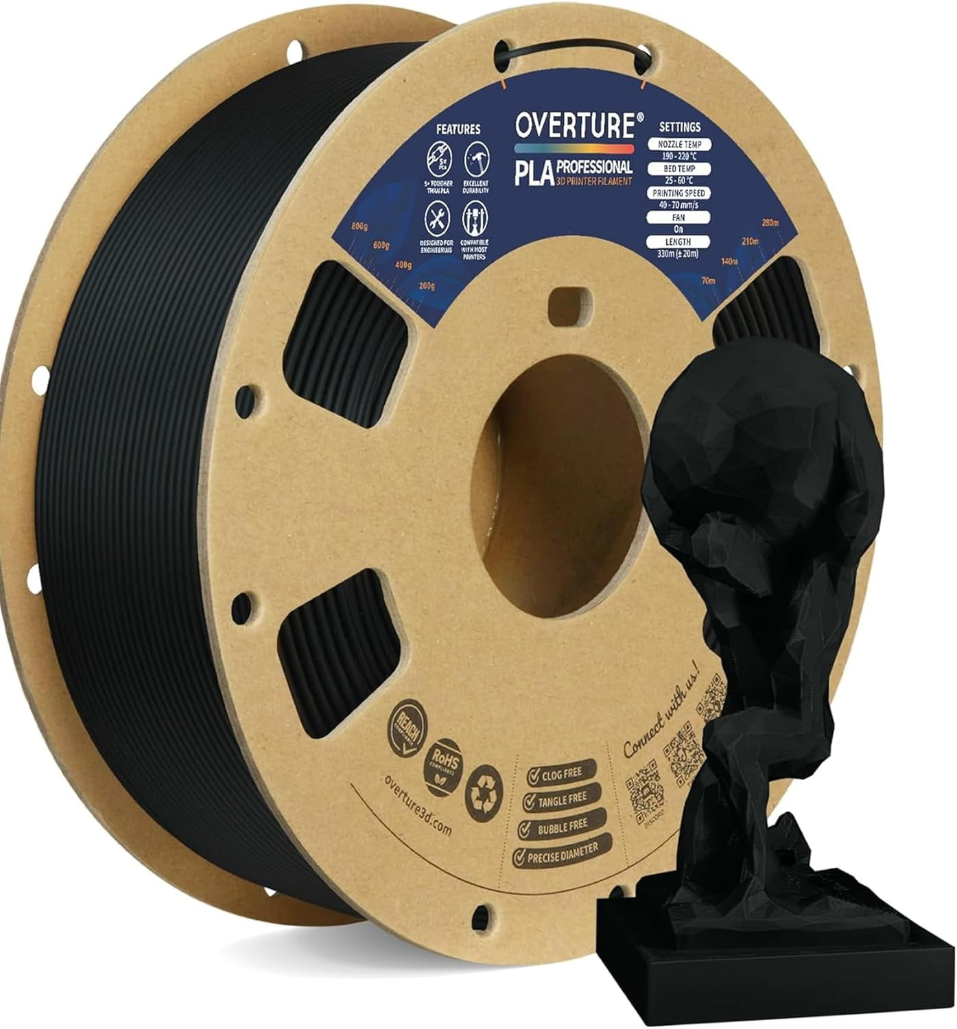 PLA Plus (PLA+) Filament 1.75mm, Stronger & More Durable, Professional Toughness 3D Printer 1kg (2.2lbs), High Precision +/- 0.02mm, Tangle-Free (Black)