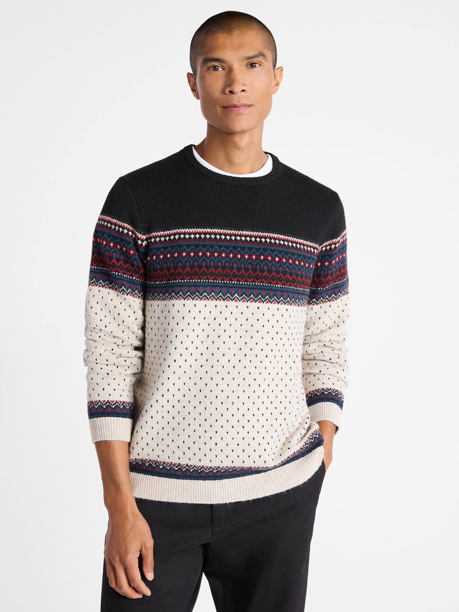 Free Assembly Men's Fair Isle and Print Sweater with Long Sleeves, Size XS-3XL