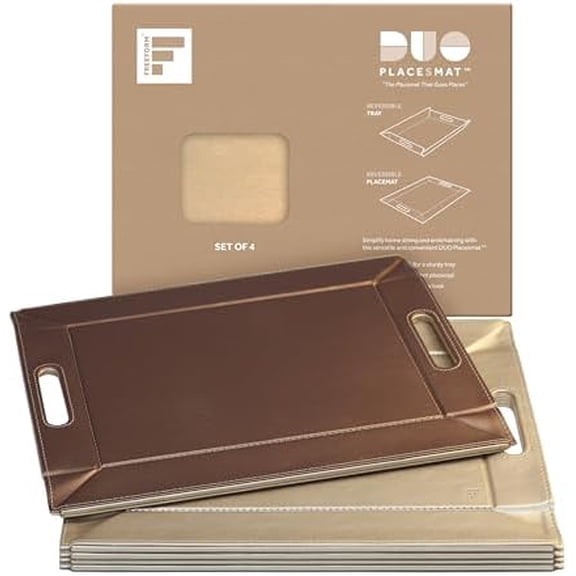PLACEsMAT 2-in-1 Faux Leather Placemat & Serving Tray | Reversible Design, Lays Flat & Easy to Clean | Ottoman Food Tray, Perfect Housewarming Gift, 18” x 14” (Champagne & Bronze, Set of 4)