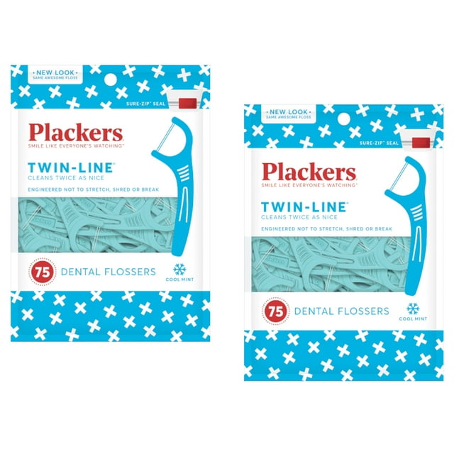 PLACKERS Twin-Line Dental Flossers, Cool Mint, 75 Count, Pack of 2 ...