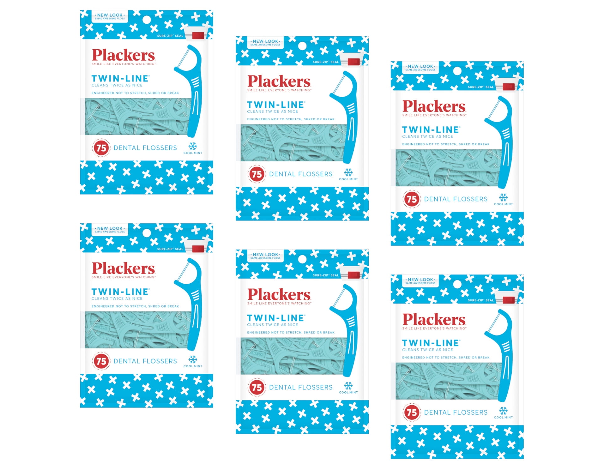 PLACKERS Twin-Line Dental Flossers, Cool Mint 75 each (Pack of 6)