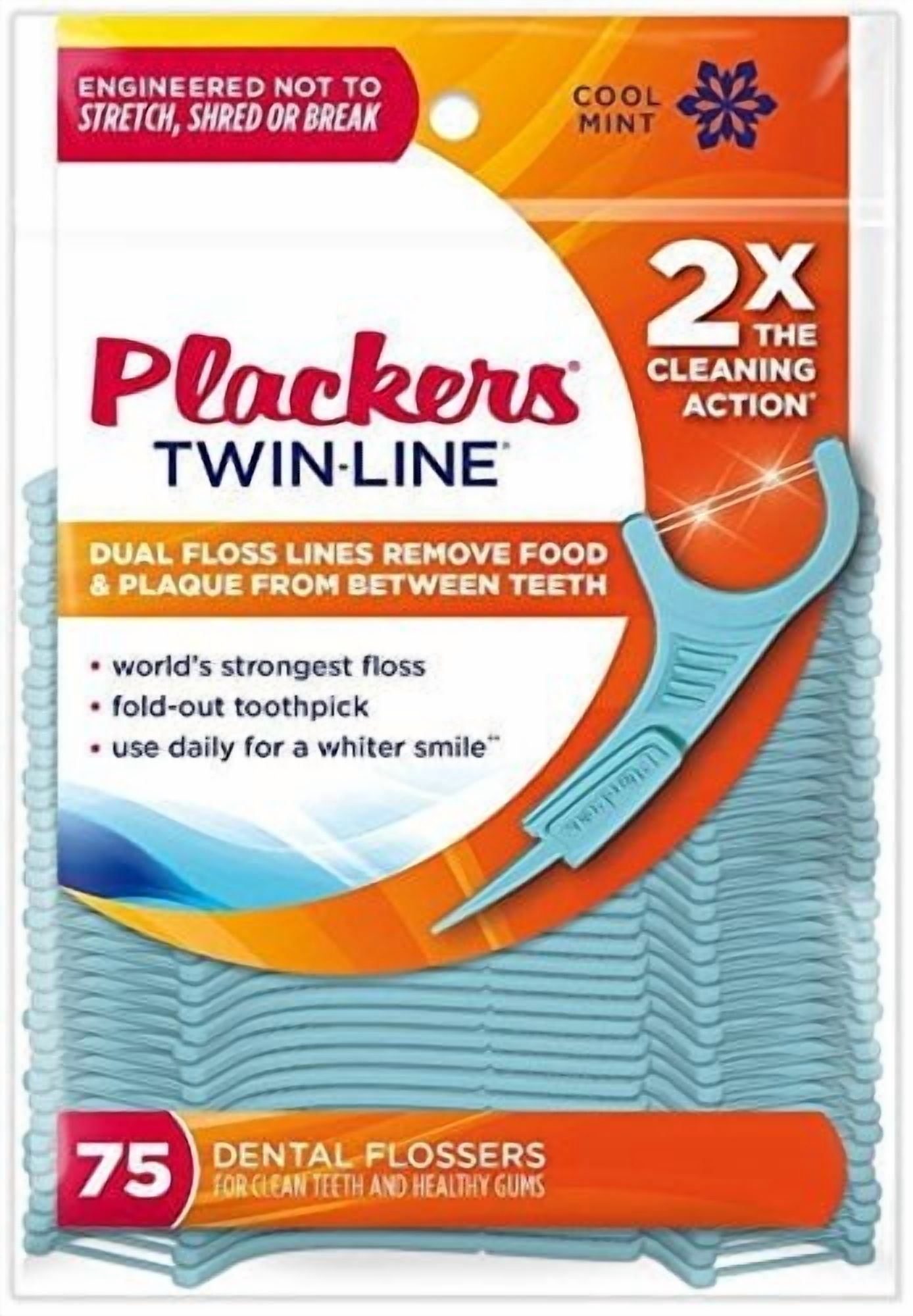 PLACKERS Twin-Line Dental Flossing Picks, Cool Mint 75 each
