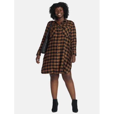 Terra & Sky Women's Plus Cotton Plaid Oversized Shirtdress, Sizes 0X-5X