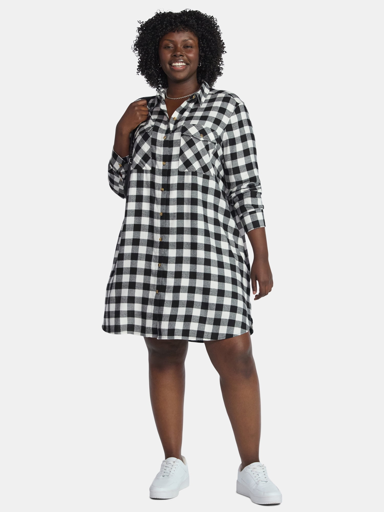 Terra & Sky Women's Plus Cotton Plaid Oversized Shirtdress, Sizes 0X-5X